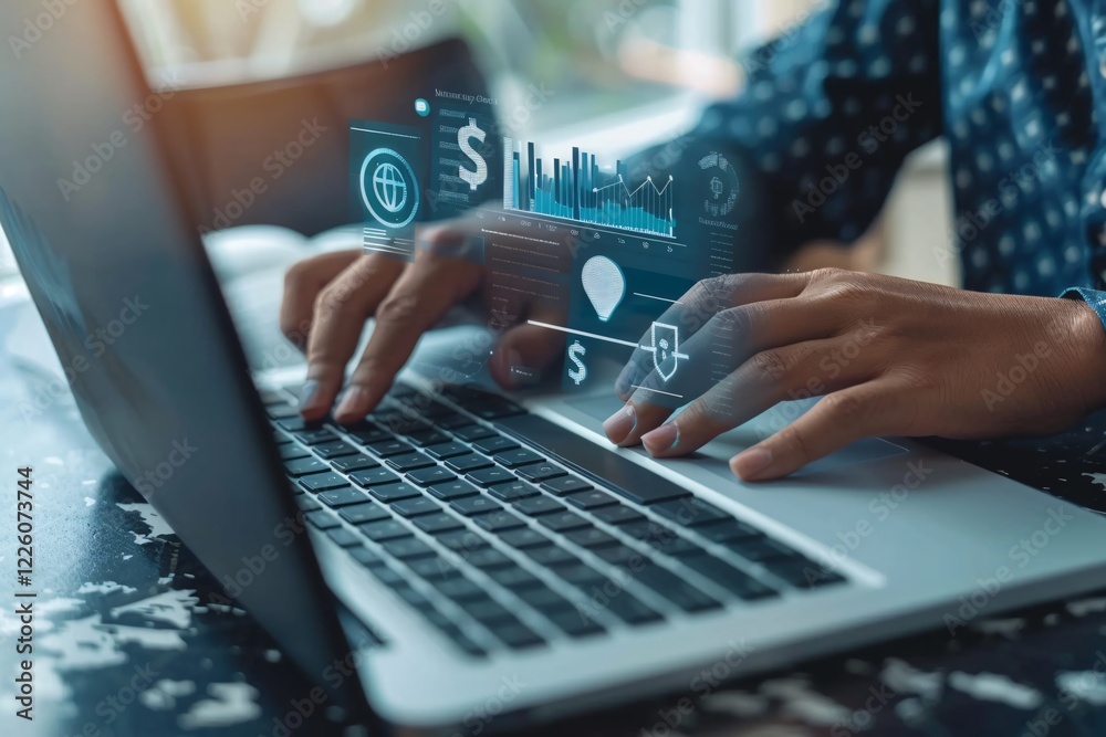 Poster Professional woman using a laptop with holographic augmented reality displaying financial charts and data analysis