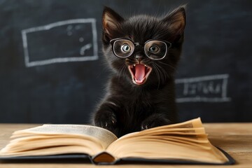 In a classroom setting, a adorable black kitten in glasses is seen sitting at a desk with an open book