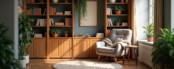 Cozy reading nook in home interior. Comfortable armchair with warm throw blanket. Sunlight streams into room warm colors of furniture, wooden bookcases. Houseplants add to peaceful atmosphere. Books,