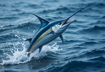 A vibrant blue marlin leaps out of the ocean, its dorsal fin extended. Perfect for marine biology, sport fishing, and wildlife conservation projects