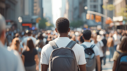 Fototapeta premium Crowded city street at dusk, young explorer with a backpack navigating through