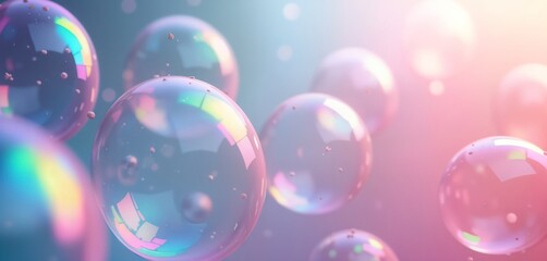 Abstract illustration of multiple colorful soap bubbles in mid-air. Soft pastel colors, light create dreamy, playful atmosphere. Bubbles appear transparent, shiny with iridescent rainbow reflections.