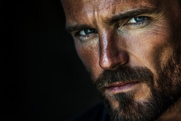A rugged, bearded man featured closely with piercing eyes, displaying intense focus and rugged masculinity, highlighted by textured lighting and shadow play.