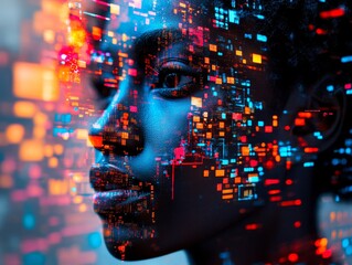 A digital art piece featuring a human face with a futuristic overlay of brightly colored abstract elements, creating a modern and technological aesthetic appeal.