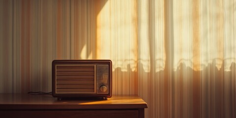 Naklejka premium Vintage Radio in Sunlit Room: A nostalgic scene of a retro radio bathed in warm sunlight, capturing the essence of bygone eras.