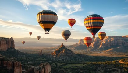 Obraz premium Hot Air Balloons Soaring Over Majestic Mountains at Sunrise