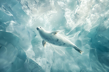Naklejka premium Harp Seal's Icy Ballet: Surreal Elegance on Pristine Glacial Stage