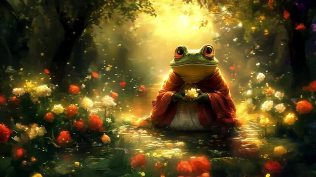Wise frog meditating flowers forest sunlight fantasy illustration