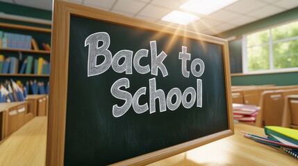 A colorful classroom scene where a chalkboard reads "Back to School," encompassed by various school supplies and books