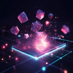 Abstract digital geometric shapes levitating above a glowing grid.