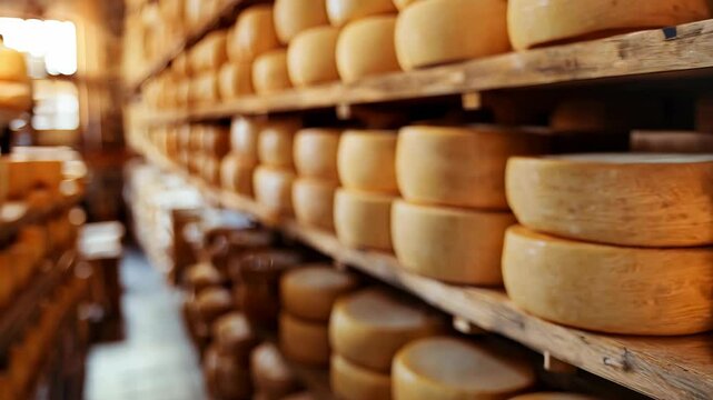 Aged cheese wheels on wooden shelves in a cheese maturation cellar. Artisanal cheese production, gourmet food, and culinary arts concept. Food market, recipe book, culinary education with copy space.