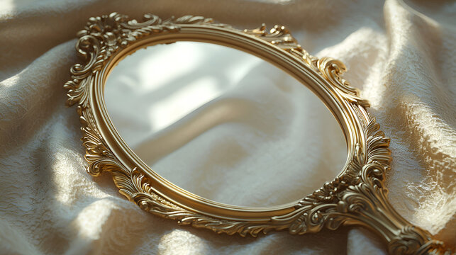 Ornate gold hand mirror resting on luxurious fabric. A reflection of elegance and beauty.