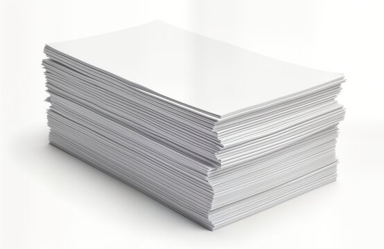White paper stack isolated on white background. Organized pile of blank paper sheets. Ideal for stationery, document printing. Represents education documents, office supplies. Versatile image for