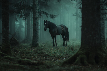 A solitary black horse stands amidst a foggy forest, surrounded by tall trees and dense mist