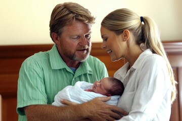 Fototapeta premium Caucasian couple embracing newborn baby at home