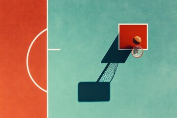 Aerial View of Basketball Court with Hoop and Ball on Colorful Surface with Shadows