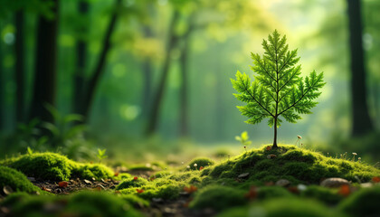 Fototapeta premium Small sapling grows in forest. Green nature background. Concept of new life, planting. Focus on springtime growth, nature conservation. Fresh, vibrant colors. Horizontal photo. No people. Ideal for