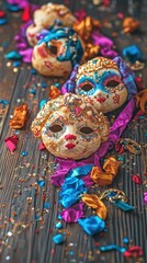 Fototapeta premium Colorful venetian masks with glitter and sequins on wooden surface