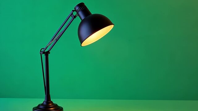 Pushing towards a close up of a black, swing arm desk lamp sitting on a desk against a chroma key green screen.