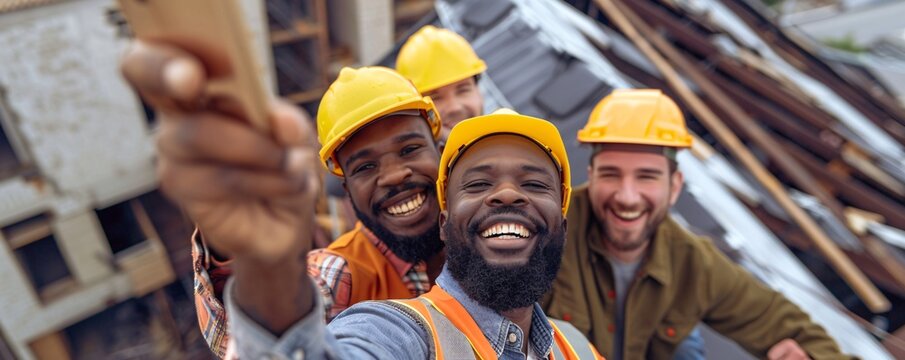 Group of construction workers taking a selfie while smiling and having fun together