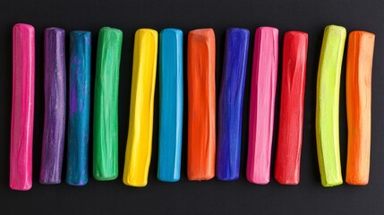 Fototapeta premium A detailed view of colorful pastels lined up in clean rows, primed for use in creating a new work of art, embodying the setup for creativity