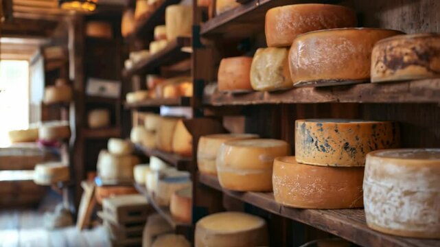 Close-up of various cheese types on wooden racks in an artisanal cheese shop. Cheese aging process, dairy products, and gastronomy concept. Food blogs, menu backgrounds, and culinary guides.