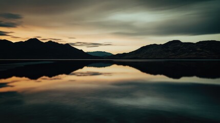 Fototapeta premium Serene mountain lake at sunrise with reflective water and dramatic sky