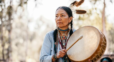Woman wearing a blue shirt and a feather headdress is holding a drum