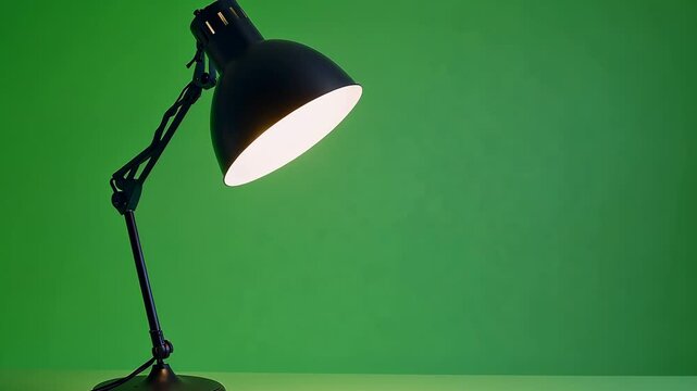 Pushing towards a close up of a black swing arm desk lamp sitting on a desk against a chroma key green screen.