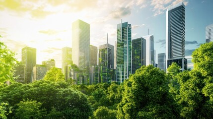 Fototapeta premium A modern green city skyline emerging from a lush forest with tall buildings in the background
