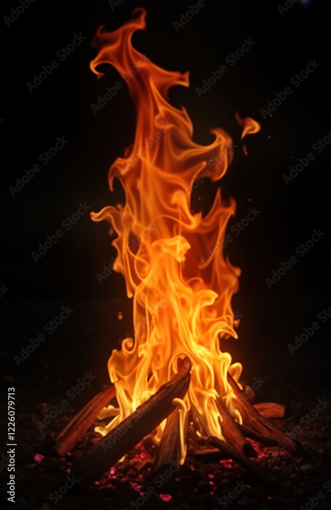 Aufkleber fiery flames rise dramatically against black background. wood burning brightly. abstract fire textur