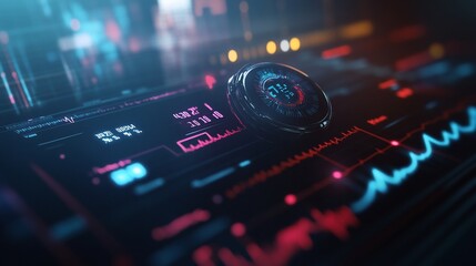 Obraz premium Futuristic Digital Interface Displaying Data and Metrics in Red and Blue Hues with a Button