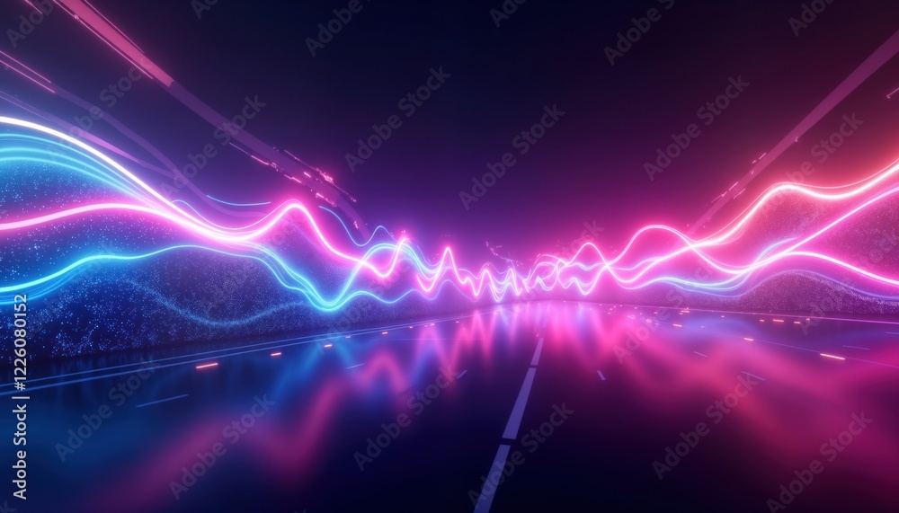 Poster neon futuristic tech scene displays dynamic motion. high-speed light trails pulse with vibrant purpl