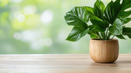 Lush green plant in wooden pot on table, blurred green background, home decor, website design