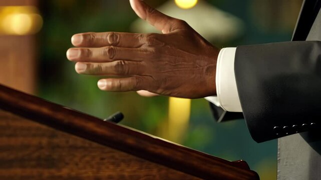 A black preacher’s hand gesturing over the pulpit, conveying authority and passion as he delivers a sermon.