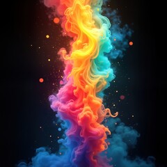 Rainbow colored smoke swirls in vibrant colors against dark background. Intense energy, color create dynamic abstract design. Rainbow hues mix, blend in visual display of vibrant colors. Intense,
