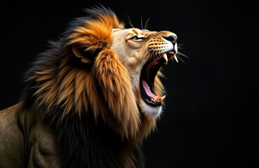 Majestic lion roars powerfully against black background. Close-up portrait lion magnificent mane. Wild predator intense expression, open mouth highlight untamed strength. Animal displays raw power. © miss irine