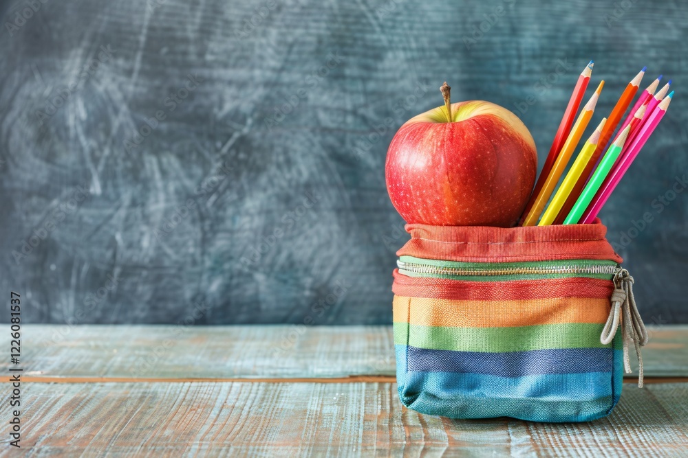 Poster back to school theme with a vibrant red apple and colorful pencils in a rainbow-patterned holder