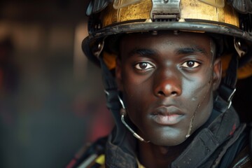 Portrait of a young African American male firefighter in station