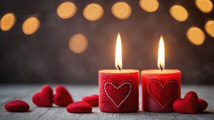 Red felt hearts on the background of burning candles and bokeh. Happy Valentine's Day greeting card