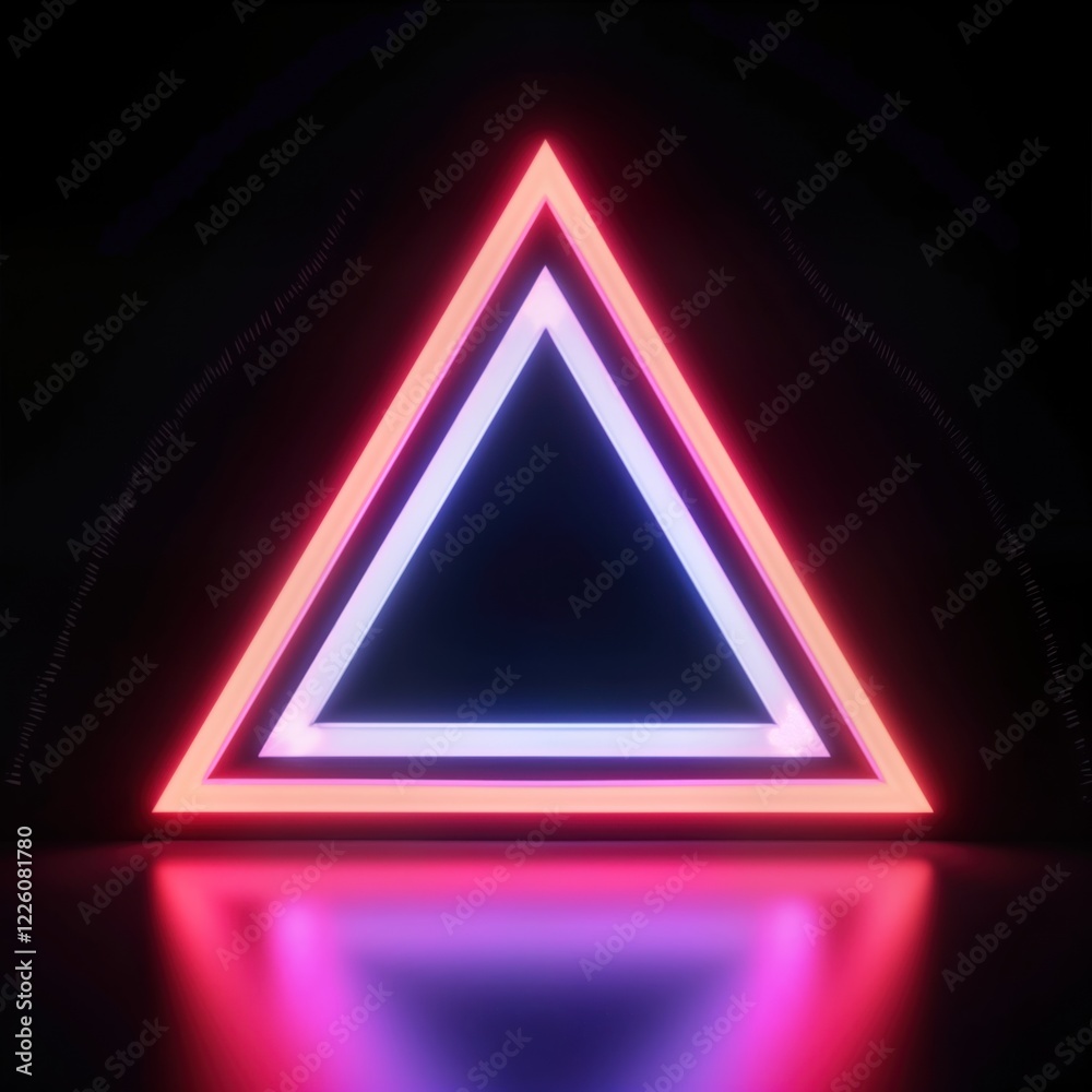 Poster neon triangle shape design. abstract pyramid light up form with pink, blue glowing lines. trendy vib