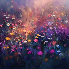A breathtaking wildflower meadow blooming in a spectrum of colors under a soft, dreamy sunset, capturing the essence of nature's beauty and tranquility.