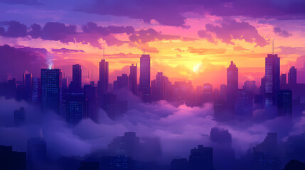 Fototapeta premium City skyline shrouded in fog during sunrise, creating a mystical urban atmosphere. Mystic Horizon. Illustration