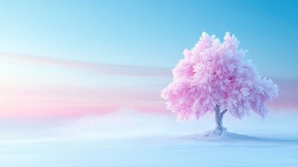 Fototapeta premium Pink cherry blossom tree stands isolated in a snowy minimalist landscape under a soft pastel sky.