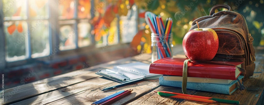 Poster back to school concept with apple on books and backpack on wooden table in front of window