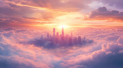 Enchanting city skyline emerges from swirling clouds during a mystical sunrise in a dreamlike landscape. Mystic Horizon. Illustration