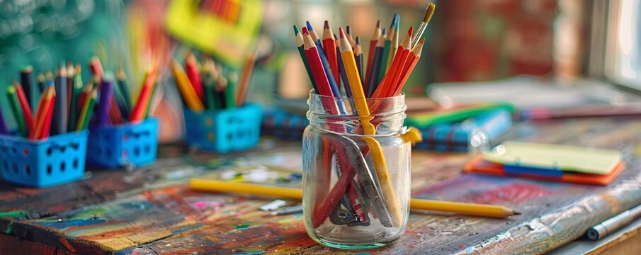 Colorful pencils in glass jar on a messy wooden desk full of art supplies