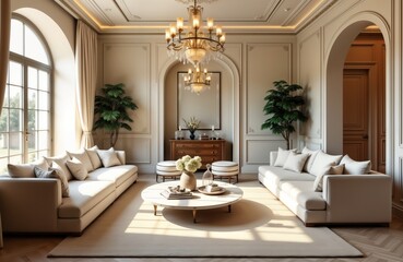 Modern Italian style living room features large comfortable sofa, armchairs arranged around round coffee table. Natural light streams through large arched windows. Stunning chandelier hangs from high