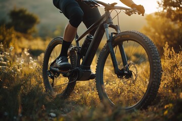 Fototapeta premium Cyclist speeding through a sunlit meadow with golden light and long shadows in a dynamic motion shot. AI generated