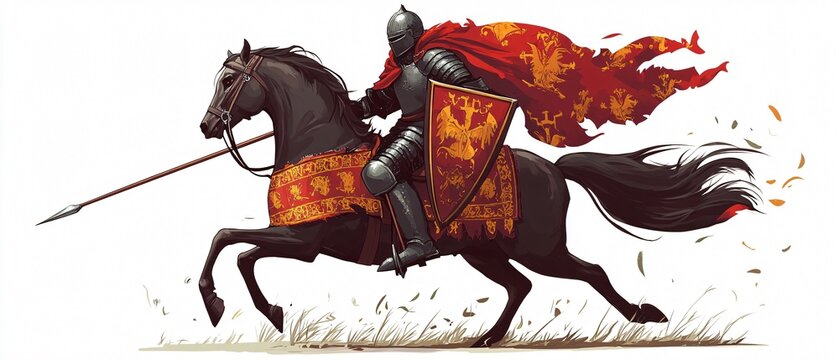 Brave medieval knight on horseback wielding lance in historical battle reenactment